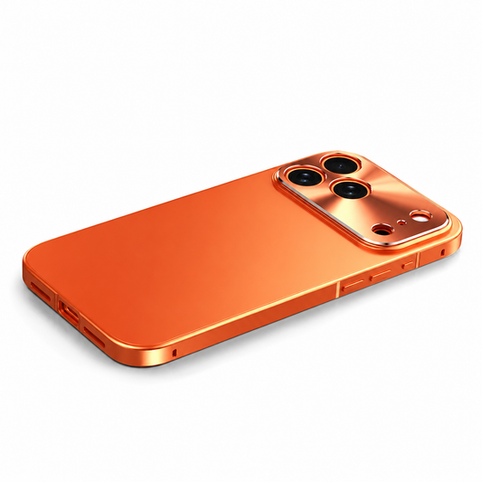 An orange phone case lies diagonally on white. Its matte orange back contrasts with the shiny side frame and raised reflective panel surrounding three camera lenses.