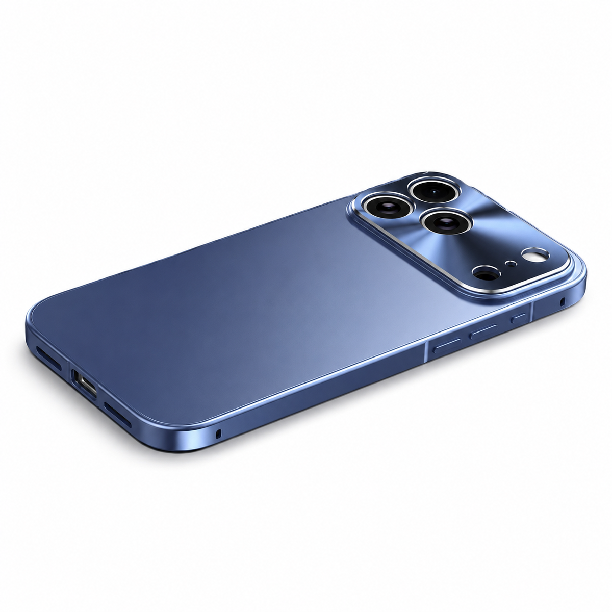 A blue phone case lies diagonally on white, with a matte blue back, polished flat sides and a raised glossy three-lens camera panel.