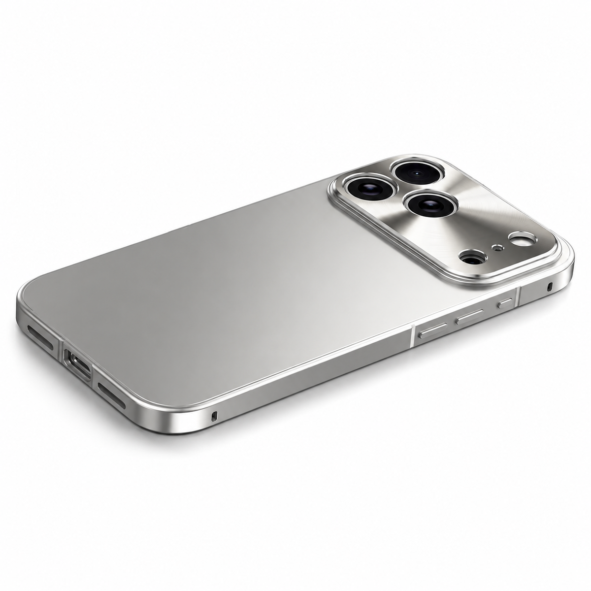 A silver phone case lies diagonally on white. Its smooth pale back has a polished side frame and a raised reflective camera panel.