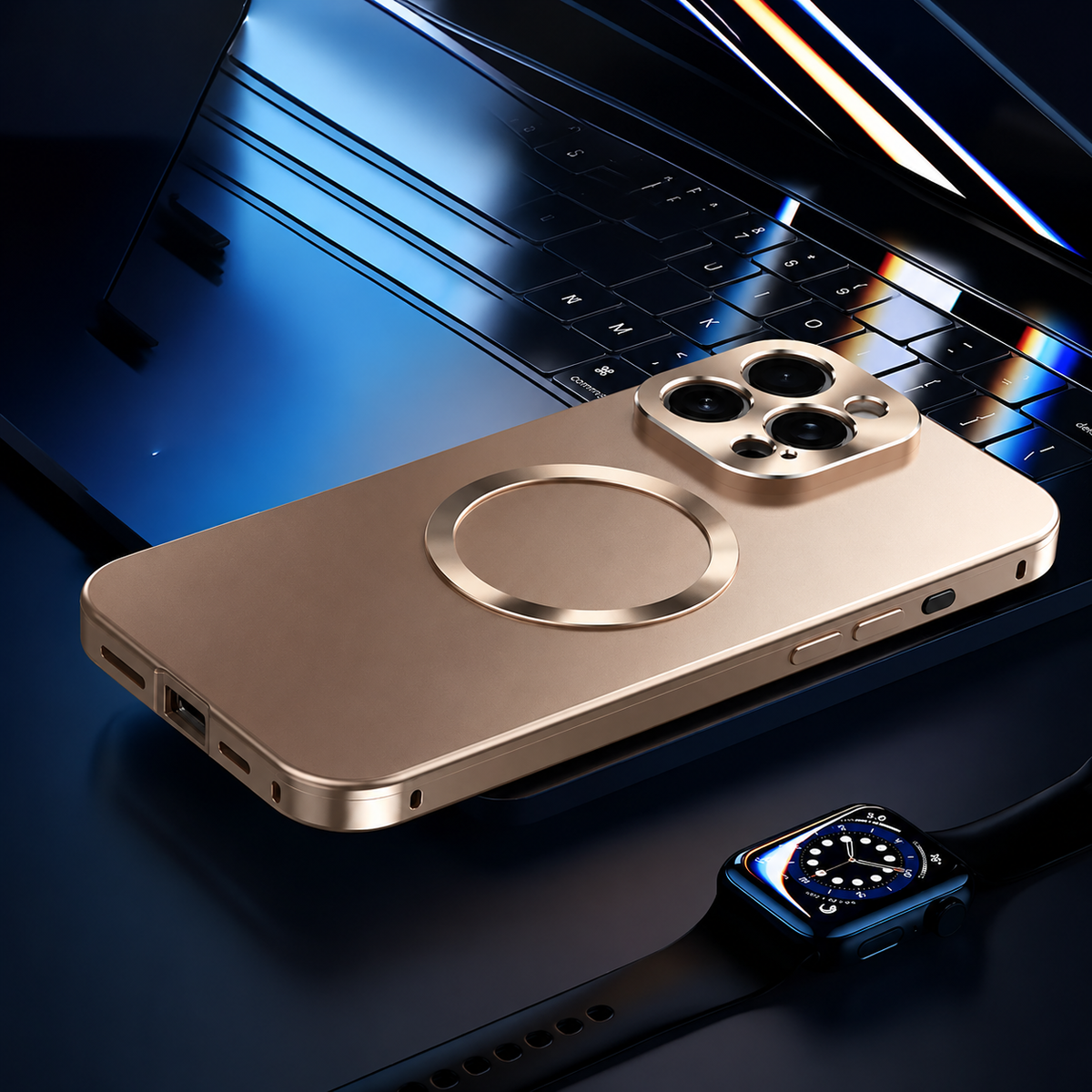 A warm silver-colored phone case rests beside a laptop and wristwatch on a dark desk. A circular metal-looking ring sits on its back beneath the reflective camera panel.