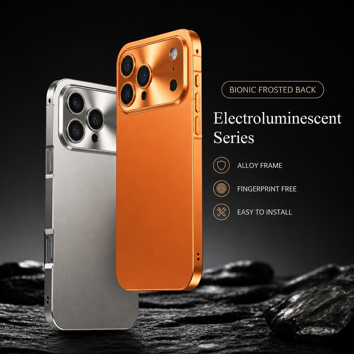 Silver and orange-cased phones stand on rocky dark platforms. Their matte backs contrast with shiny frames and camera panels; icons advertise an alloy frame, fingerprint resistance and easy installation.