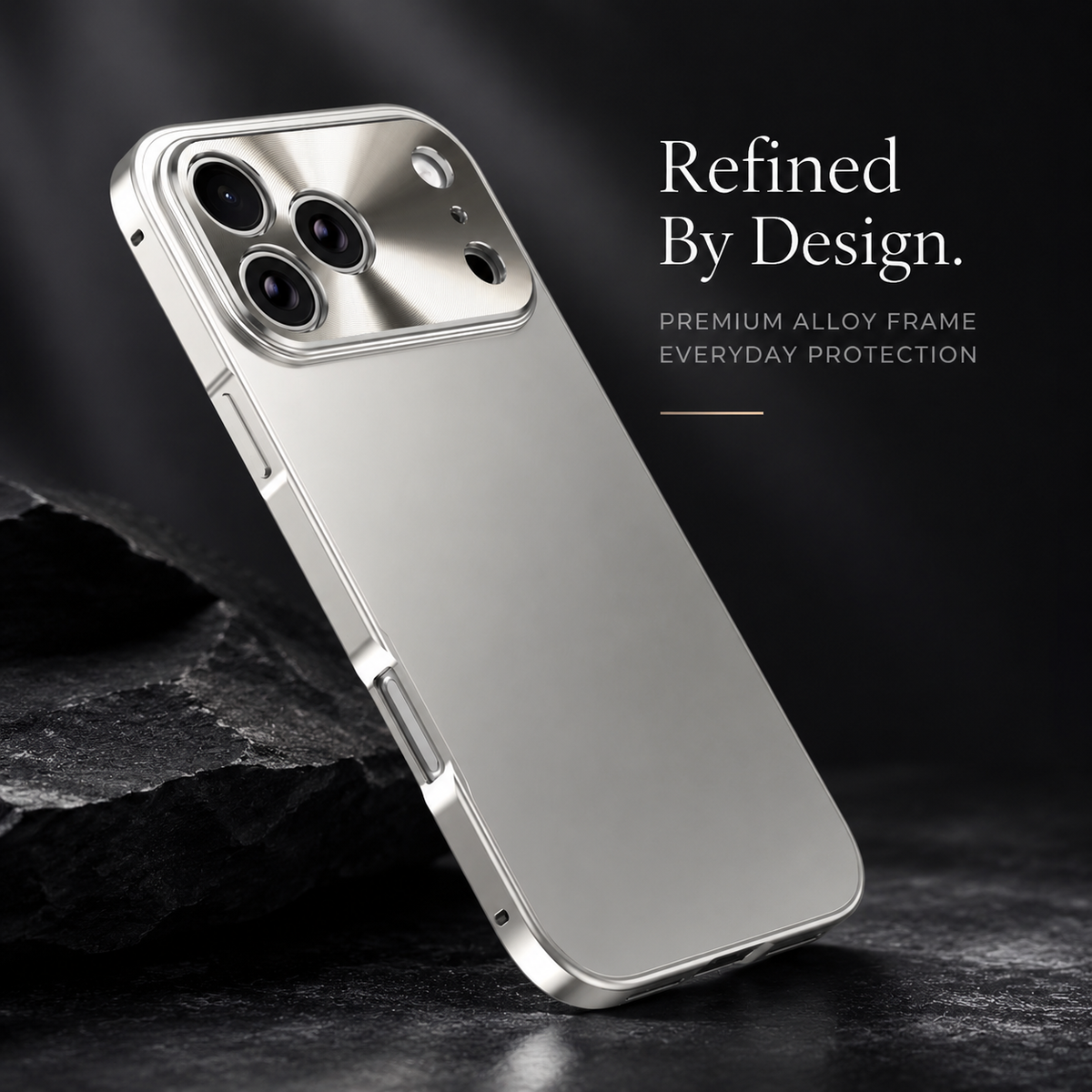 A silver-cased phone leans against dark rocks, showing a smooth matte back, shiny side frame and reflective three-lens camera panel. Text highlights the frame and everyday protection.