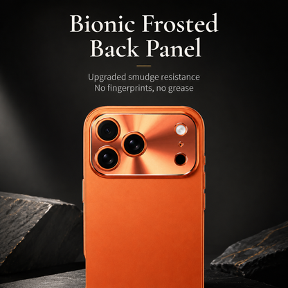 An orange-cased phone stands among dark rocks, displaying its matte back and glossy camera panel. Text advertises a frosted back with improved smudge resistance.