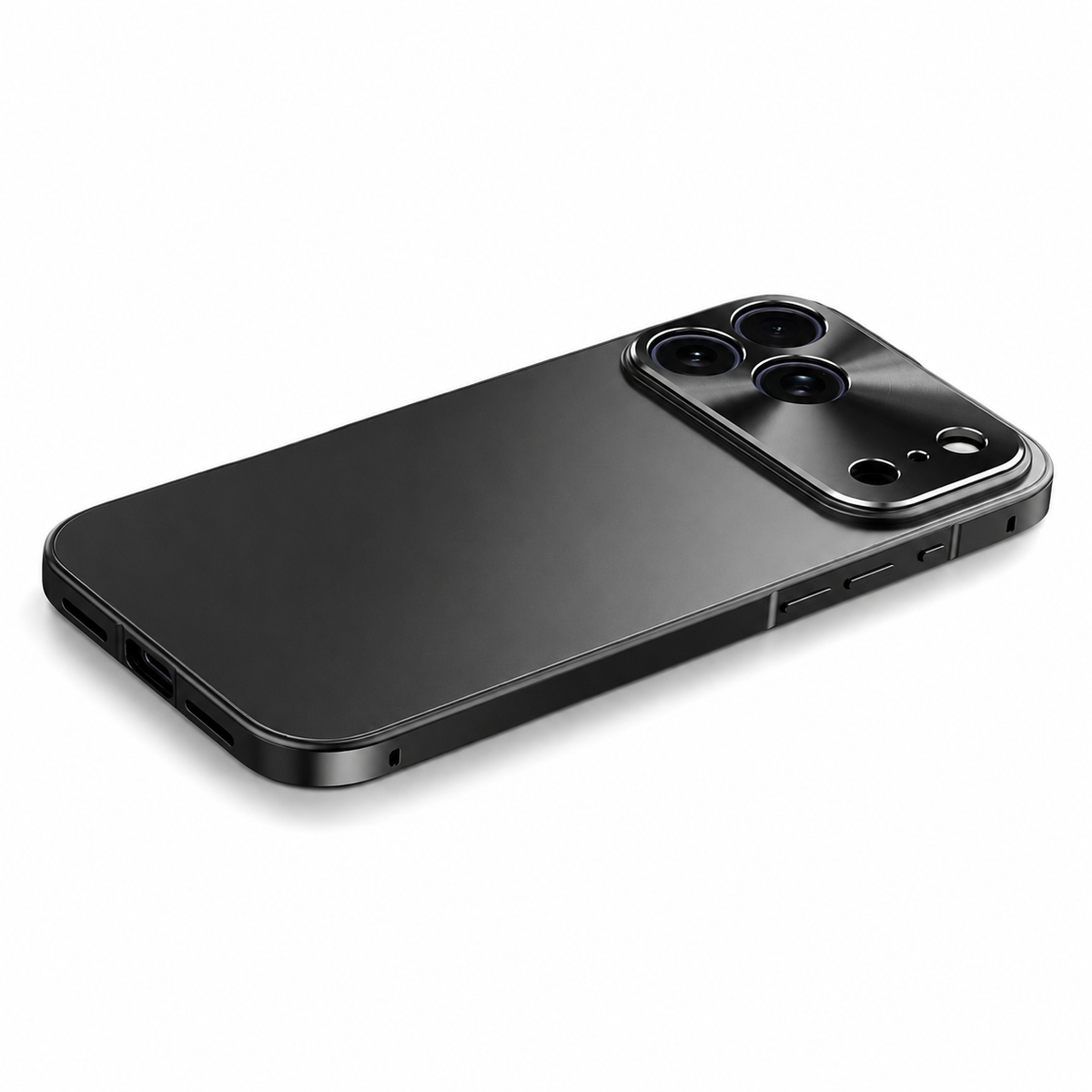A black phone case lies diagonally on white, showing a smooth matte back, shiny flat side frame and raised glossy camera panel with three large lens openings.