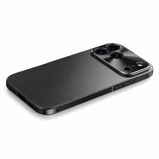 A black phone case lies diagonally on white, showing a smooth matte back, shiny flat side frame and raised glossy camera panel with three large lens openings.