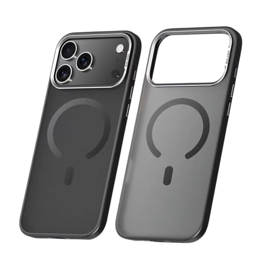A black phone in a smoky translucent case stands beside the empty case against white. A dark magnetic ring and short bar mark the back; a raised metallic border surrounds the large camera opening.