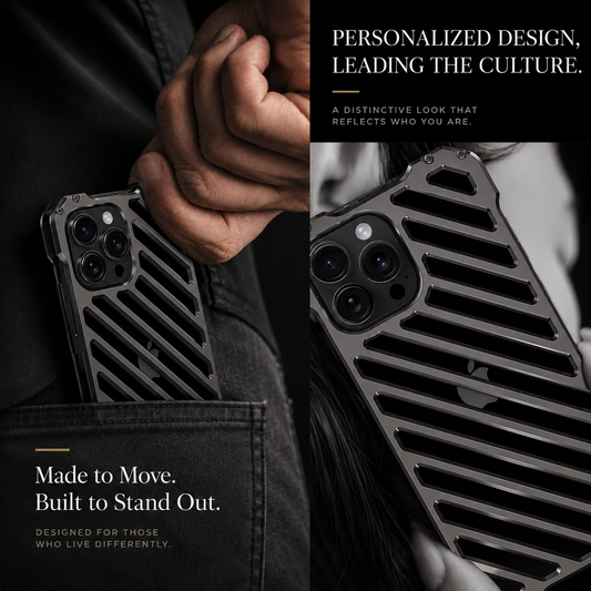 A lifestyle collage shows a gray diagonal-slot case carried near a clothing pocket and held close to the camera beneath Personalized Design.