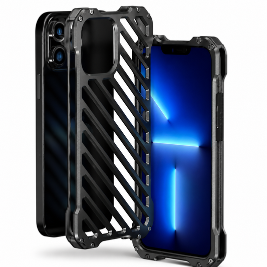 Three views show a dark phone, an empty gray diagonal-slot rear shell and a phone in its front frame. Exposed screws and reinforced corners outline the metal-looking construction.