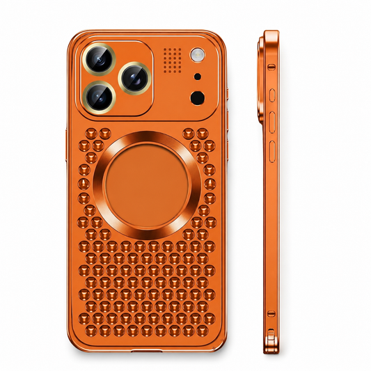 Rear and thin side views of an orange phone case stand on white. Rows of rounded ventilation holes surround a circular magnetic ring below its camera panel.