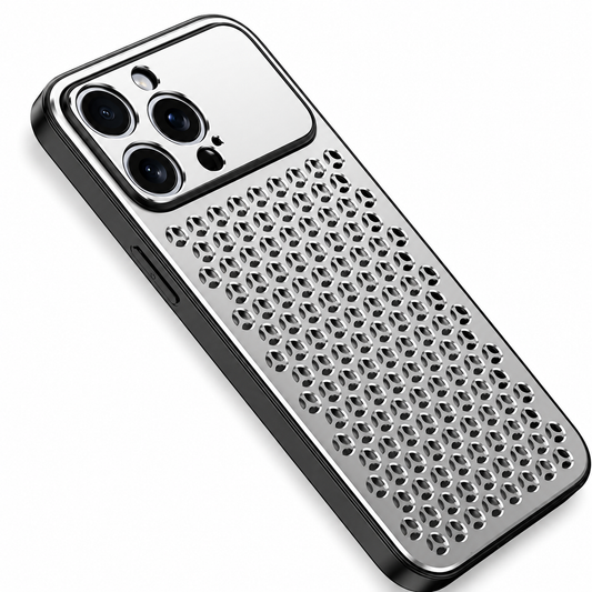 Silver-colored case lies diagonally against white, with a dense pattern of rounded three-lobed ventilation holes across its back and a broad camera opening revealing three lenses.