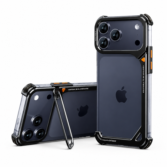 Two dark phones wear open-backed black metal-looking frames with reinforced corners and orange accents. One stands upright; the other rests horizontally on a thin stand extending from its camera surround.