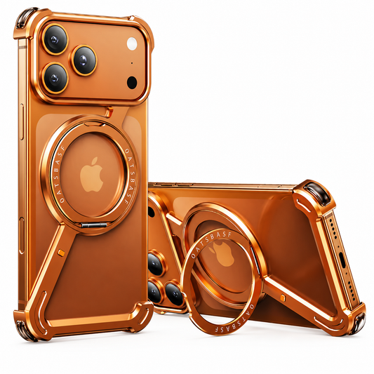 Two orange phones wear matching open-frame cases with circular rings and reinforced corners. One stands upright; the other rests horizontally with its ring extended as a stand.