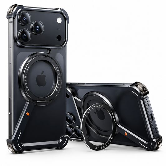 Two black phones wear open-frame cases with circular rings and reinforced corners. One stands upright with its ring flat; the other rests horizontally with the ring extended as a stand.