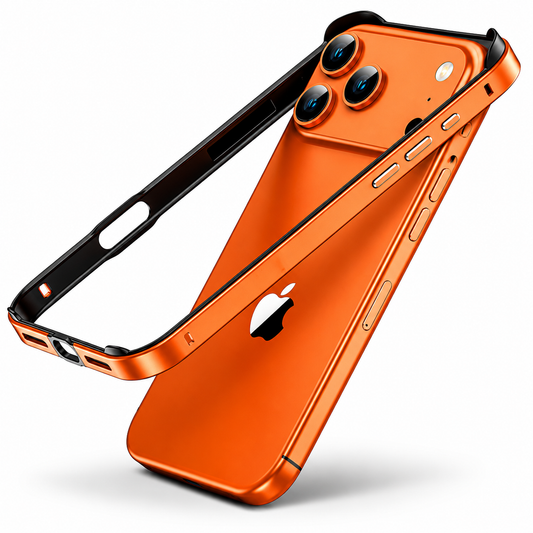 An orange phone and matching slim bumper frame float diagonally on white. Black inner lining, raised corners and side-button openings are visible on the open frame.