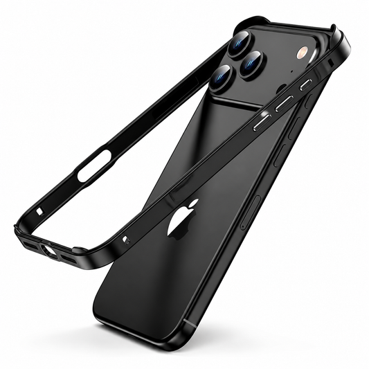 A black phone and matching narrow bumper frame float diagonally against white. The frame has an open back, raised corner tabs and side-button cutouts, leaving the phone's Apple logo exposed.
