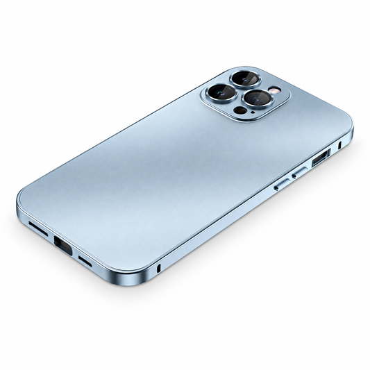 A pale blue case lies diagonally on white with a matte back, polished flat side frame and raised circular borders around three camera lenses.