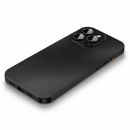 A black case lies diagonally on white, showing a smooth matte back, flat shiny sides and separate raised rings around three camera lenses. Charging and speaker openings line the bottom edge.