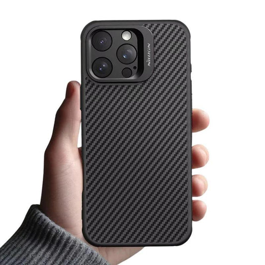A hand emerging from a gray knit sleeve holds a black phone case upright with its back facing forward. Closely spaced diagonal gray stripes cover the rear panel, and a dark metal camera frame surrounds three lenses, flash and smaller sensors.