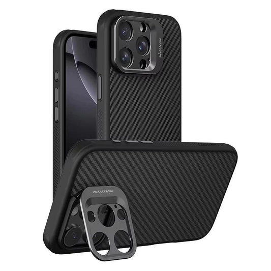 Three views of a black phone case on white show its front, patterned back and landscape stand position. Fine gray diagonal stripes form a woven appearance. A metal frame with circular camera openings hinges outward from the camera surround to support the horizontal phone.