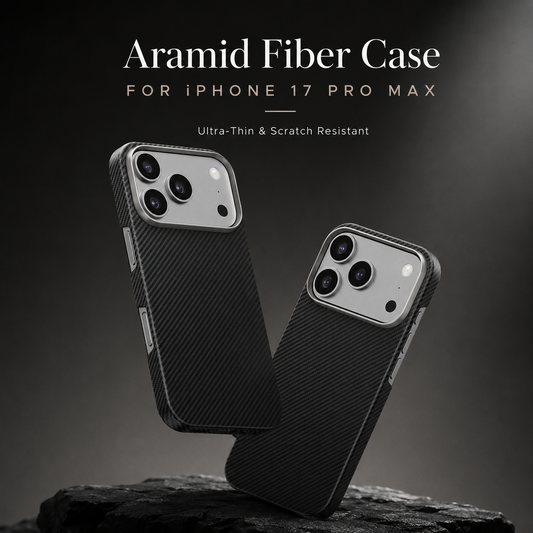 Two black diagonal-weave cases stand on dark rock. Broad silver camera panels contrast with the patterned backs. Text reads Aramid Fiber Case for iPhone 17 Pro Max and Ultra-Thin & Scratch Resistant.
