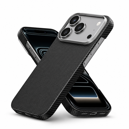 Front and rear views of a black diagonal-weave phone case lean across each other on white. A broad silver camera panel sits above the textured back. Openings expose side controls and bottom ports; the front screen shows curved dark blue lines.
