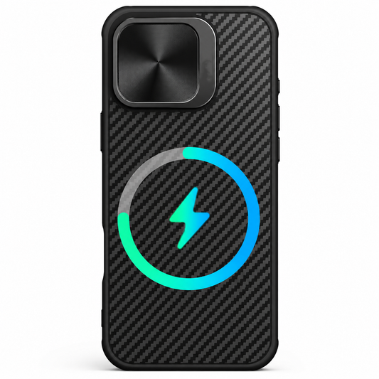 A black diagonal woven phone case stands on white with a closed square camera cover. A turquoise and blue circular lightning symbol overlays its back to illustrate magnetic charging.
