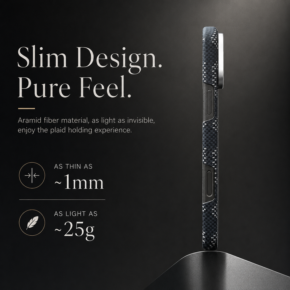 A slim side view shows a dark patterned case's camera projection and button covers. Text labels the design as approximately 1 millimeter thin and 25 grams in weight.