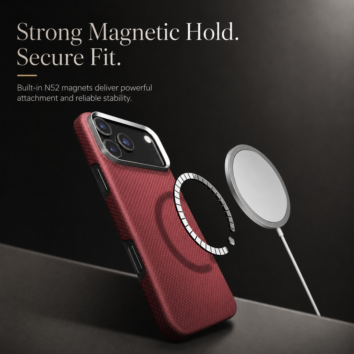 A white charging puck and illustrated ring of silver segments float beside a red woven-looking case. Text advertises a strong magnetic hold.