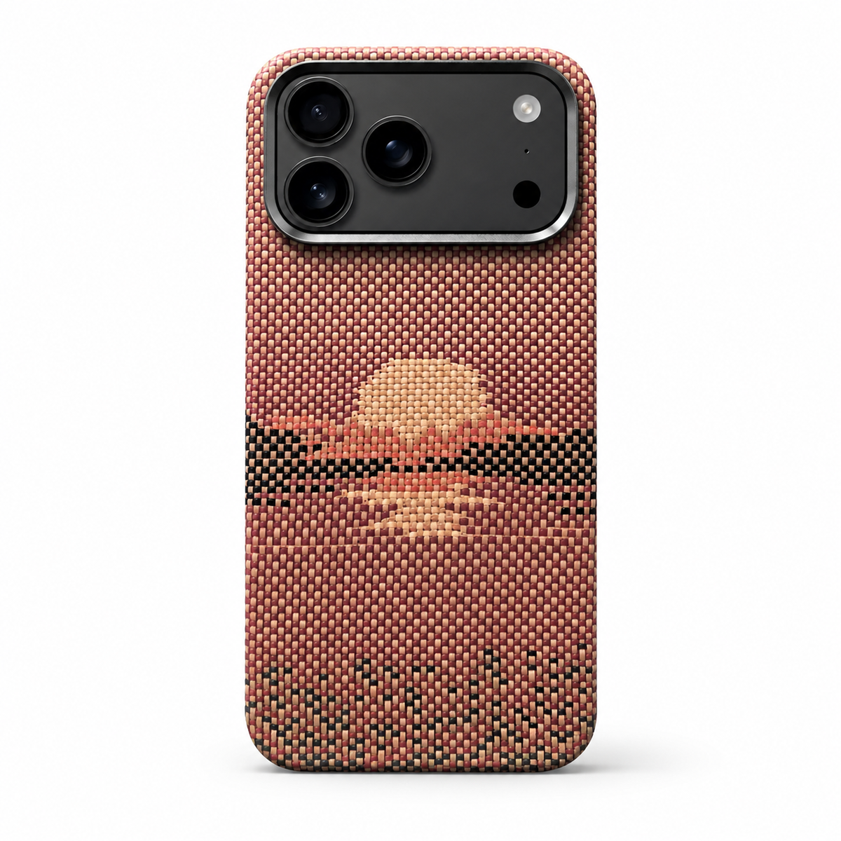 A red-orange woven-looking case stands on white with a pale sun-like circle over a dark horizontal band, creating a sunset motif below the camera panel.