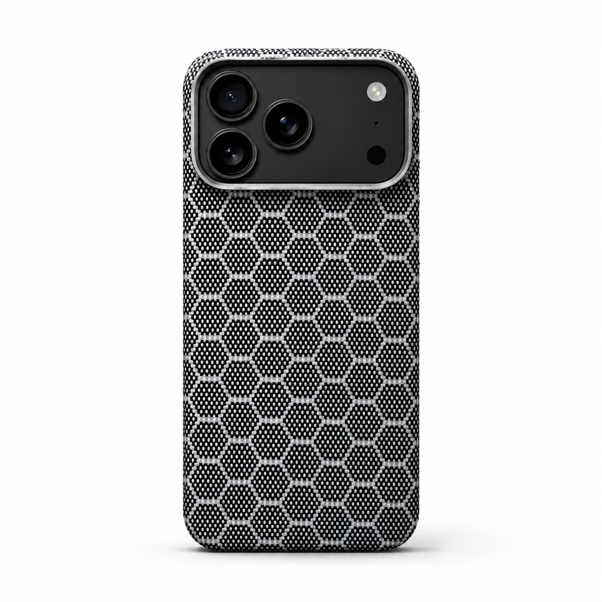 A black-and-gray case stands upright on white with a honeycomb pattern of outlined hexagons beneath its silver-gray camera border.