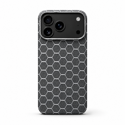 A black-and-gray case stands upright on white with a honeycomb pattern of outlined hexagons beneath its silver-gray camera border.