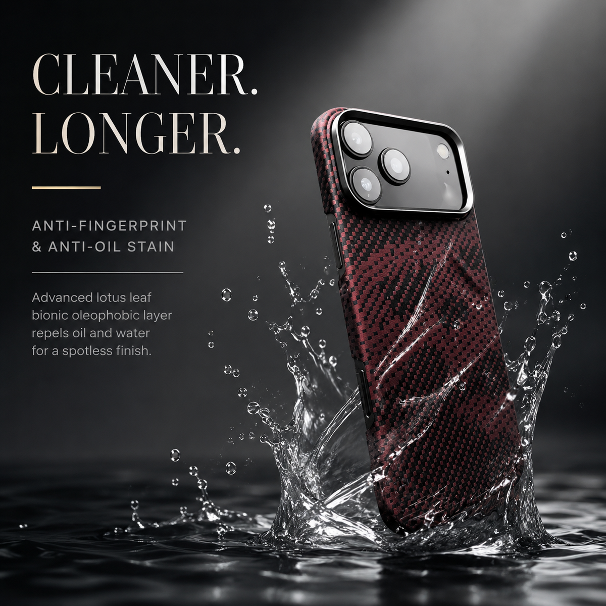 A red-and-black patterned case stands amid splashing water against dark gray. Text advertises resistance to fingerprints and oil stains.