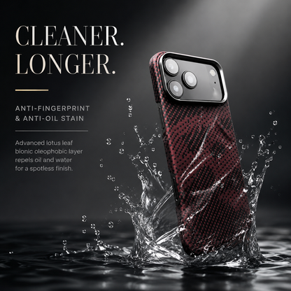 A red-and-black patterned case stands amid splashing water against dark gray. Text advertises resistance to fingerprints and oil stains.