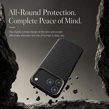 A black diagonal-weave-patterned case tilts camera-corner-first above rough rocks and floating fragments. Text highlights raised lens and screen edges.