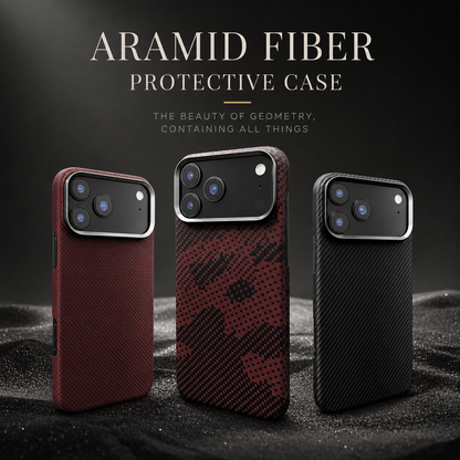 Red, red-and-black and black woven-looking cases stand on dark stone. Text identifies the material as aramid fiber and promotes the geometric designs.