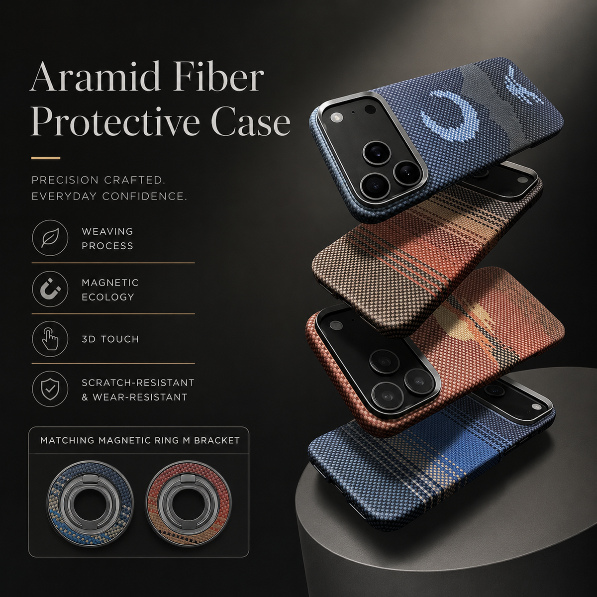 Four cases float in a staggered stack, showing blue geometric, warm striped, sunset and blue striped patterns. Insets display matching circular magnetic ring accessories.