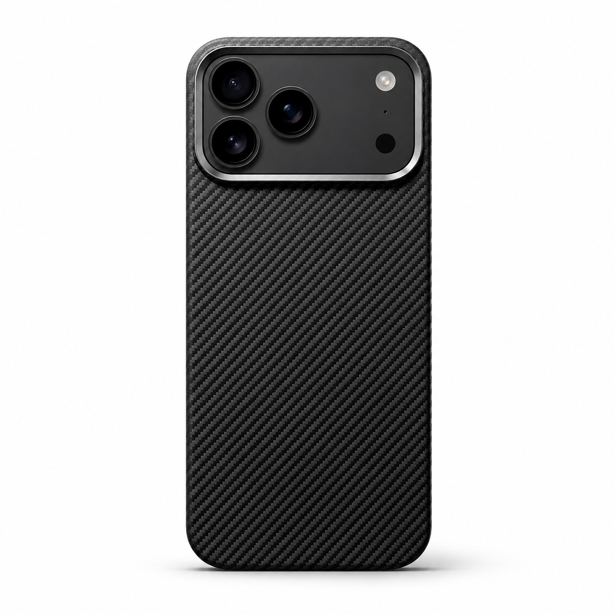 A black case stands upright on white with a fine diagonal woven-looking pattern and a slim silver-gray border around the broad three-lens camera panel.