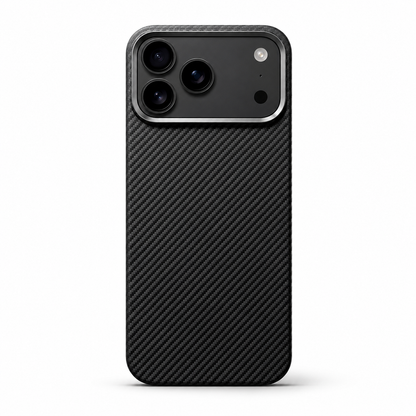 A black case stands upright on white with a fine diagonal woven-looking pattern and a slim silver-gray border around the broad three-lens camera panel.