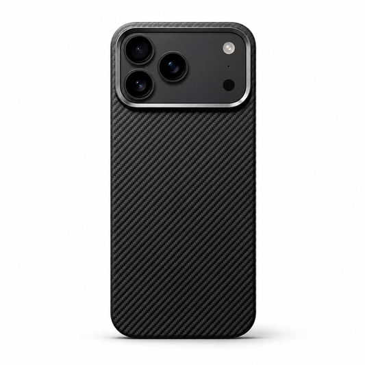 A black case stands upright on white with a fine diagonal woven-looking pattern and a slim silver-gray border around the broad three-lens camera panel.
