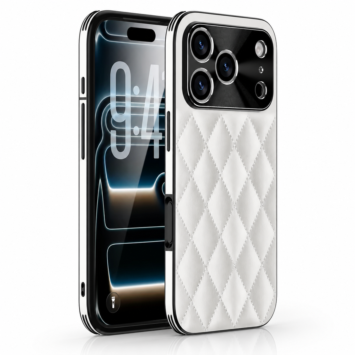 Front and rear views of a white quilted phone case, with stitched diamond shapes, dark edging and a glossy camera guard.