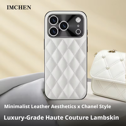 White diamond-quilted phone case standing beside a matching white handbag. Text describes a lambskin design inspired by quilted fashion accessories.