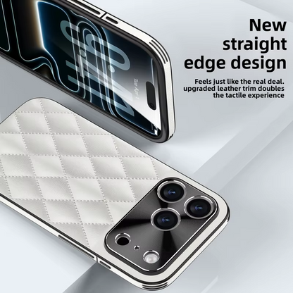 Close-up front and rear views of a white quilted case show straight dark edges, side buttons and a glossy camera panel.