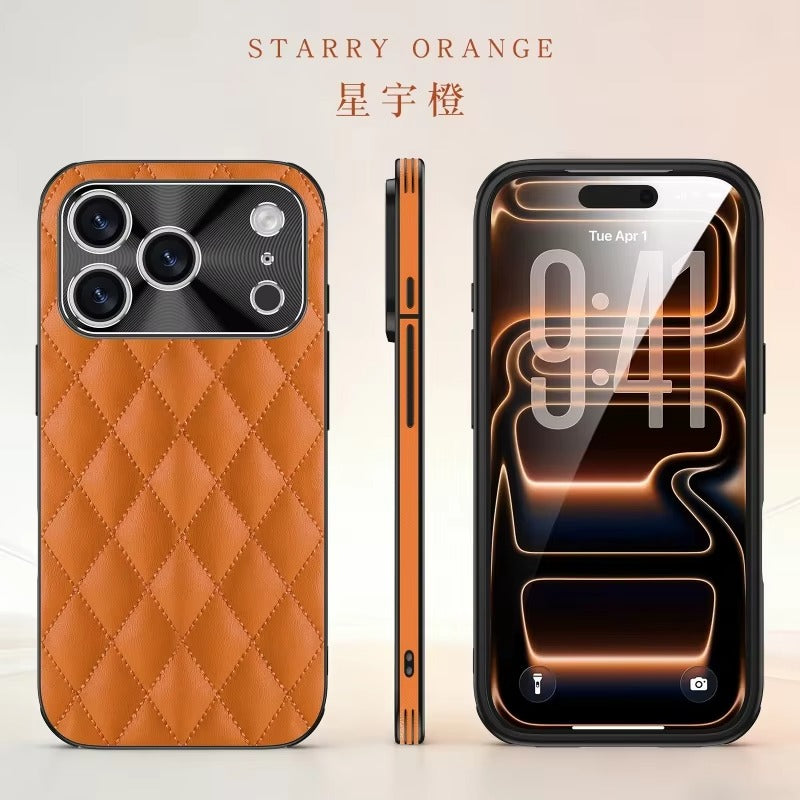 Three views show an orange quilted phone case from the back, narrow side and front against a warm beige background. Stitched diamond shapes cover the back beneath a glossy dark camera panel; the front phone screen displays orange curved lines. The color label reads Starry Orange.