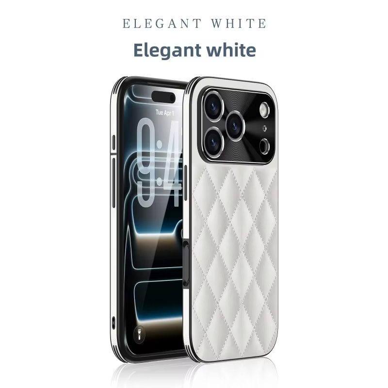 Front and rear views of a white quilted phone case stand side by side against a pale background. Raised stitched diamond shapes cover the back, with dark edging and a glossy triple-camera panel above. The front phone screen shows pale curved lines, and the color label reads Elegant White.