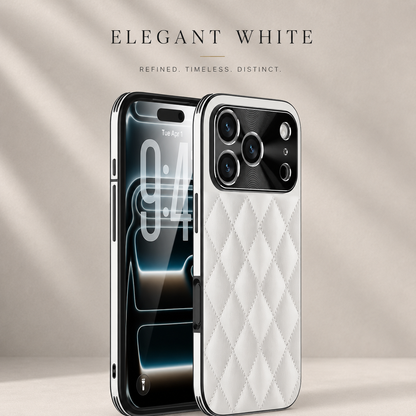 White quilted phone case shown from front and rear on a pale display surface, with dark edging and a glossy camera guard.