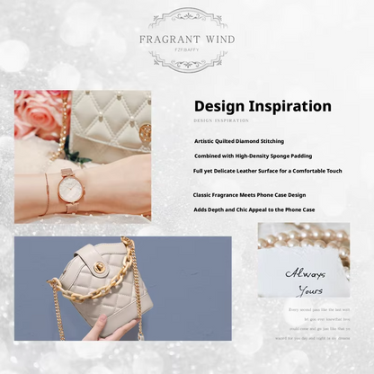 Design-inspiration collage shows white quilted handbags, a wristwatch, pearls and flowers, with text describing diamond stitching and sponge padding.