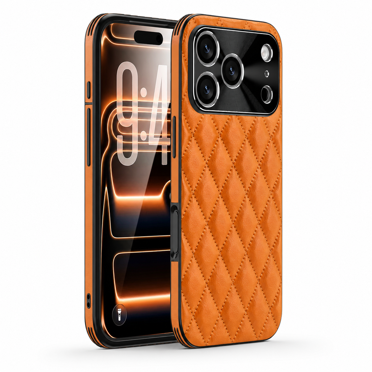 Front and rear views of an orange quilted leather-look phone case with stitched diamond shapes, black edging and a broad glossy camera panel.