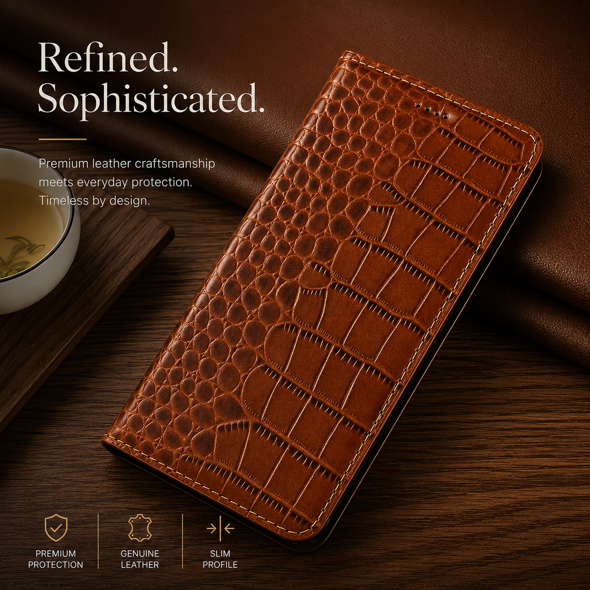 A closed tan crocodile-pattern wallet lies diagonally on dark wood beside a bowl candle. Its earpiece holes and stitched edges are visible. Text reads Refined. Sophisticated.