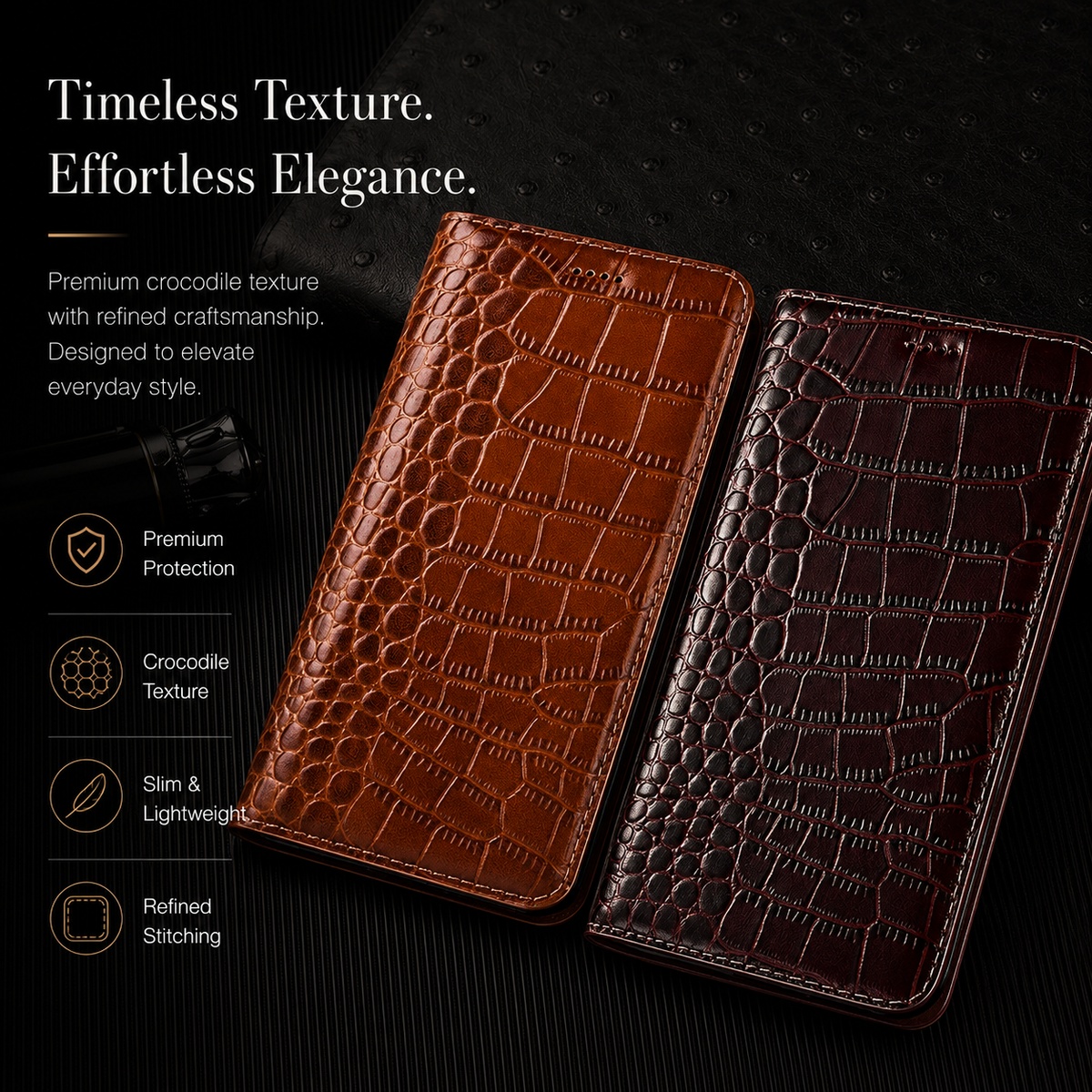 Tan and burgundy crocodile-pattern wallets lie side by side on dark ribbed material. Text reads Timeless Texture. Effortless Elegance, with texture, stitching and profile labels.