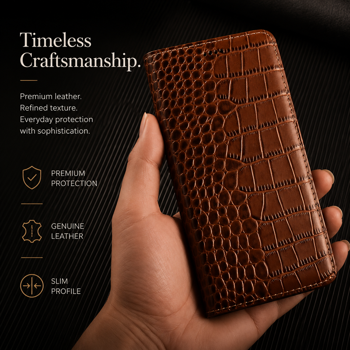 A hand holds a closed tan crocodile-pattern wallet upright against black. The glossy scale pattern and matching border stitching are shown closely. Text reads Timeless Craftsmanship.